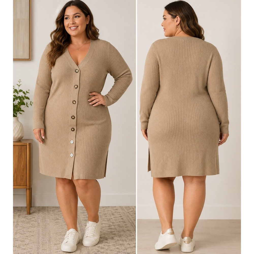 Ava & Viv Womens Ribbed Longline Duster Cardigan 4X Tan Button Front V-Neck NWT